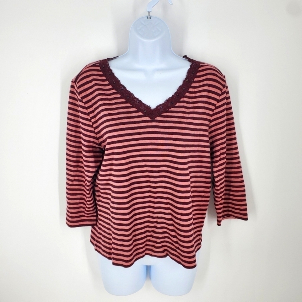 First Issue Liz Claiborne Knit 3/4 Sleeve Top Striped Shirt Women Large Maroon
